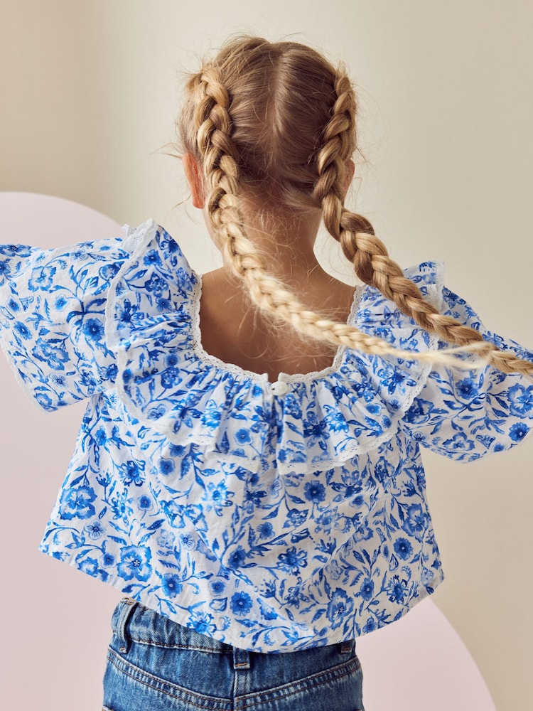 Blue Floral Printed Ruffle 100% Cotton Blouse (3-16yrs) - Image 3 of 3