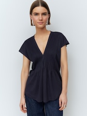 Navy Pintuck V-Neck Top - Image 1 of 7