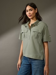 Khaki Green Short Sleeve Boxy Pocket Shirt - Image 1 of 7