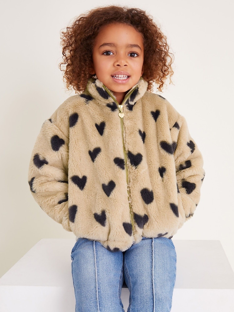 Monsoon Natural Fluffy Heart Print Zip Fleece Jacket - Image 1 of 4