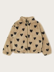 Monsoon Natural Fluffy Heart Print Zip Fleece Jacket - Image 2 of 4