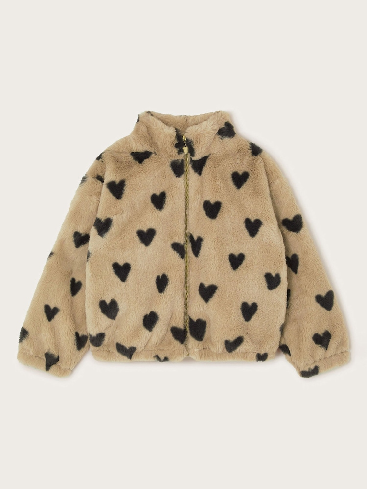 Monsoon Natural Fluffy Heart Print Zip Fleece Jacket - Image 2 of 4