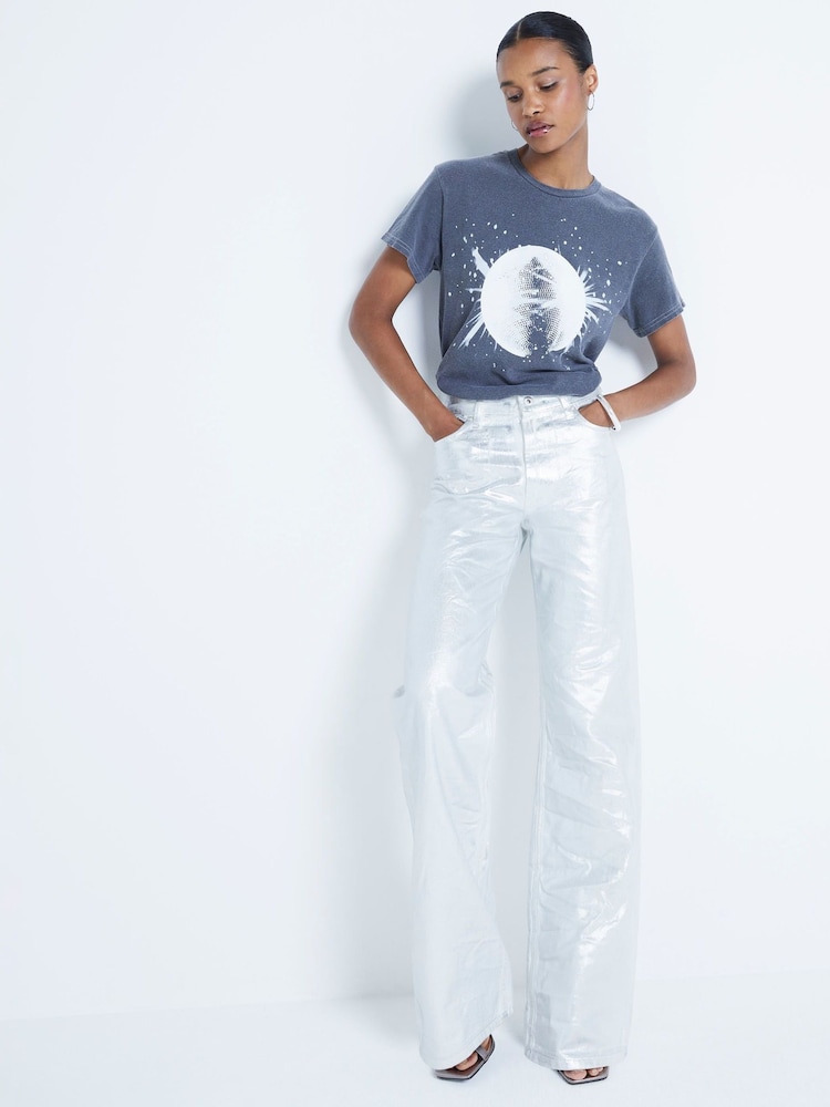 River Island Grey Embellished Disco Ball 100% Cotton Graphic T-Shirt - Image 1 of 4 River Island Grey Embellished Disco Ball 100% Cotton Graphic T-Shirt - Image 1 of 4