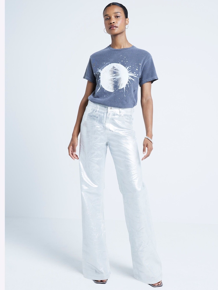 River Island Grey Embellished Disco Ball 100% Cotton Graphic T-Shirt - Image 2 of 4 River Island Grey Embellished Disco Ball 100% Cotton Graphic T-Shirt - Image 2 of 4