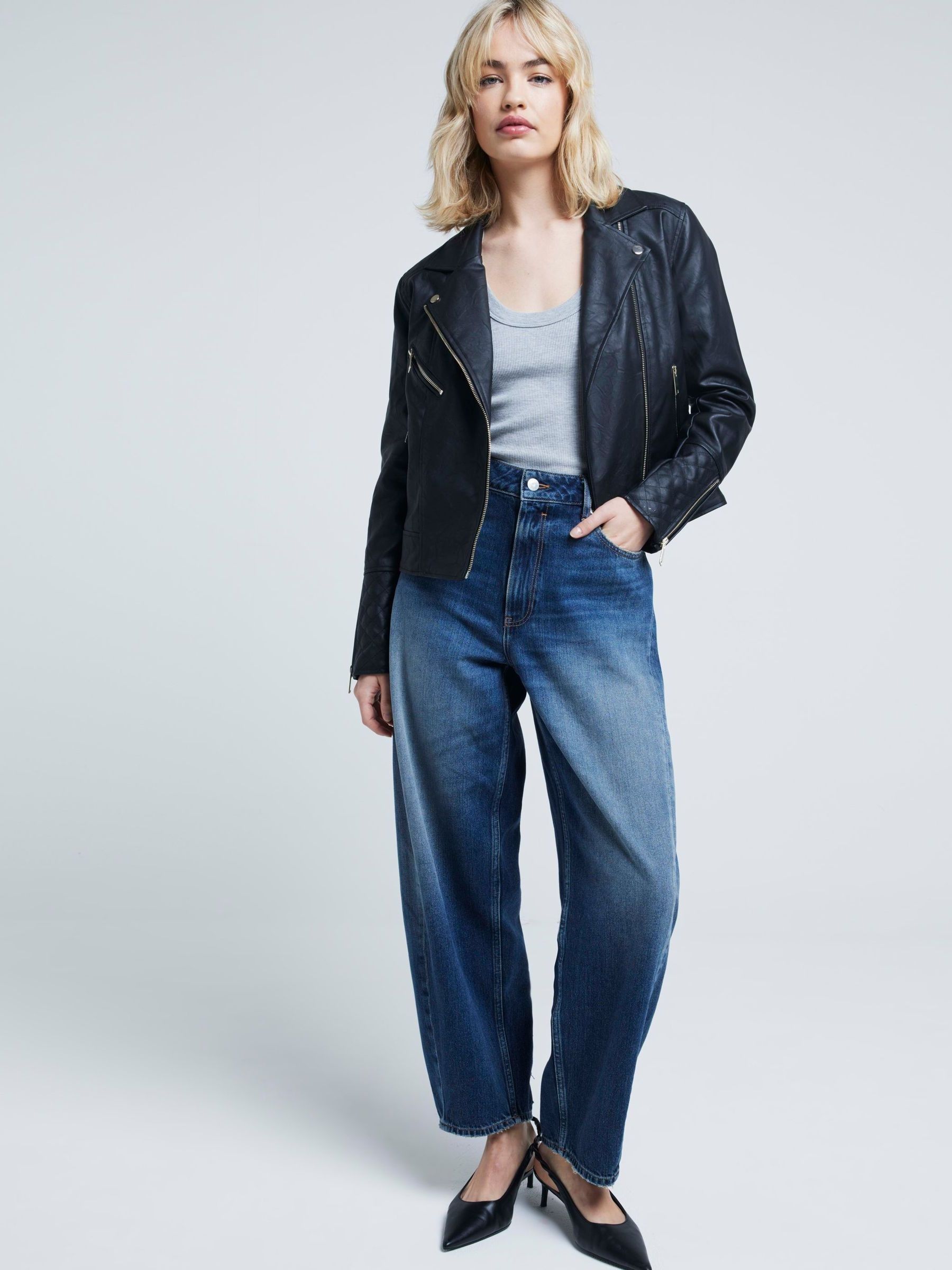 River island faux leather biker jacket with hood in black sales
