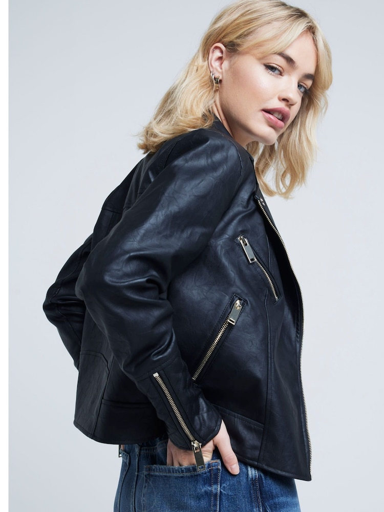 River Island Black Quilted Faux Leather Biker Jacket - Image 2 of 4