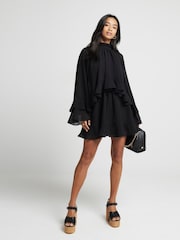 River Island Black Mini Petite Layered Ruffle 100% Cotton Dress - Image 1 of 3