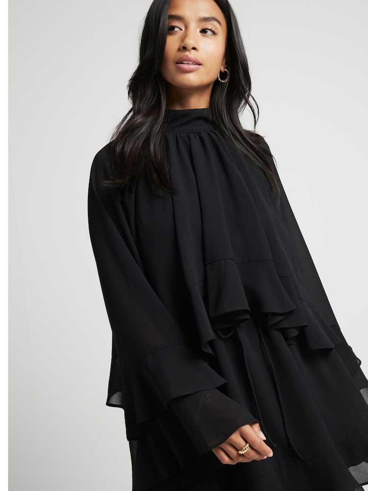 River Island Black Mini Petite Layered Ruffle 100% Cotton Dress - Image 2 of 3
