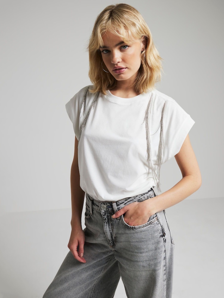 River Island White Chain Fringe 100% Cotton T-Shirt - Image 1 of 4