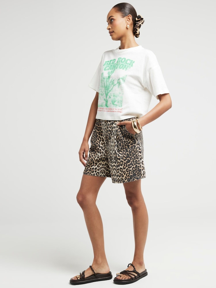 River Island White Location Graphic Cotton/Linen Mix T-Shirt - Image 1 of 4