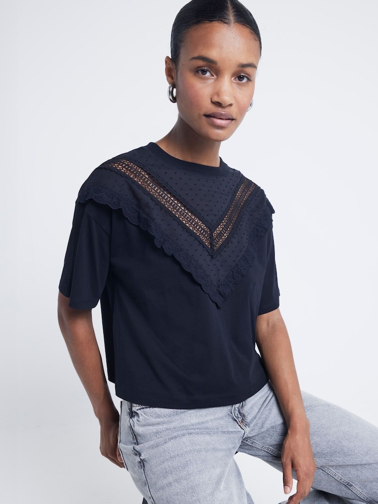 River Island Black Chevron Lace T-Shirt - Image 1 of 6 River Island Black Chevron Lace T-Shirt - Image 1 of 6