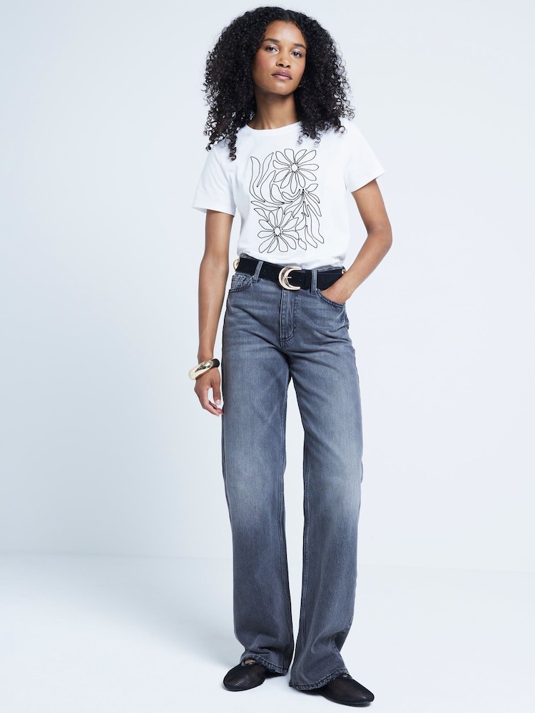 River Island White Floral Embroidery T-Shirt - Image 1 of 3