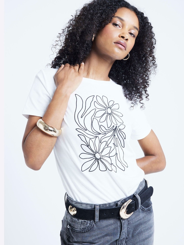 River Island White Floral Embroidery T-Shirt - Image 3 of 3