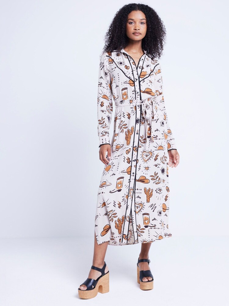 River Island Brown Western Print 100% Cotton Shirt Midi Dress - Image 1 of 4