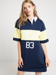 River Island Navy Block Stripe Collared 100% Cotton T-Shirt Mini Dress - Image 1 of 6