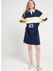 River Island Navy Block Stripe Collared 100% Cotton T-Shirt Mini Dress - Image 3 of 6