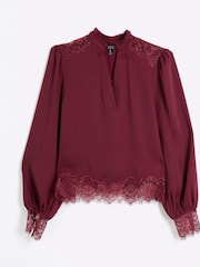River Island Red Lace Insert Blouse - Image 5 of 6