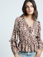 River Island Brown Leopard Print Frill 100% Cotton Top - Image 1 of 4