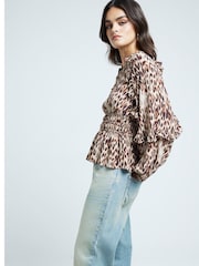 River Island Brown Leopard Print Frill 100% Cotton Top - Image 2 of 4
