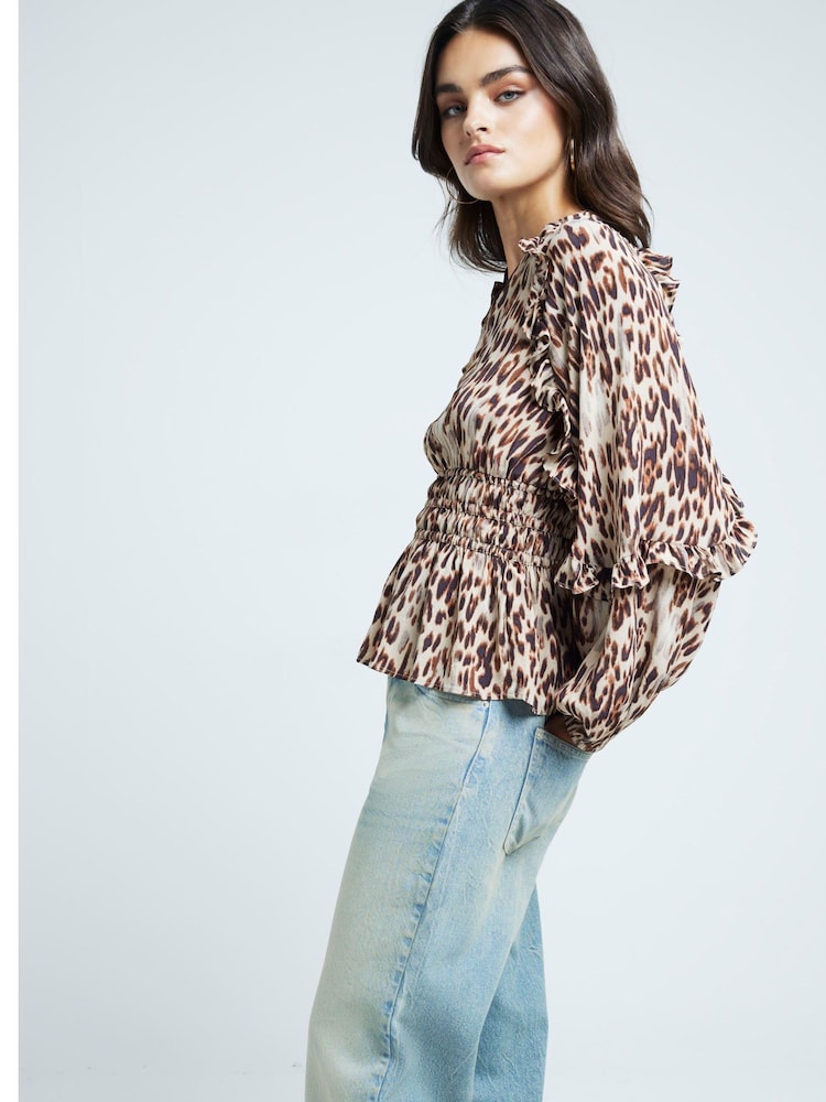 River Island Brown Leopard Print Frill 100% Cotton Top - Image 2 of 4