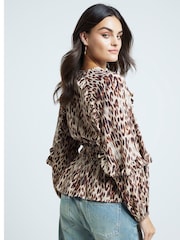 River Island Brown Leopard Print Frill 100% Cotton Top - Image 3 of 4