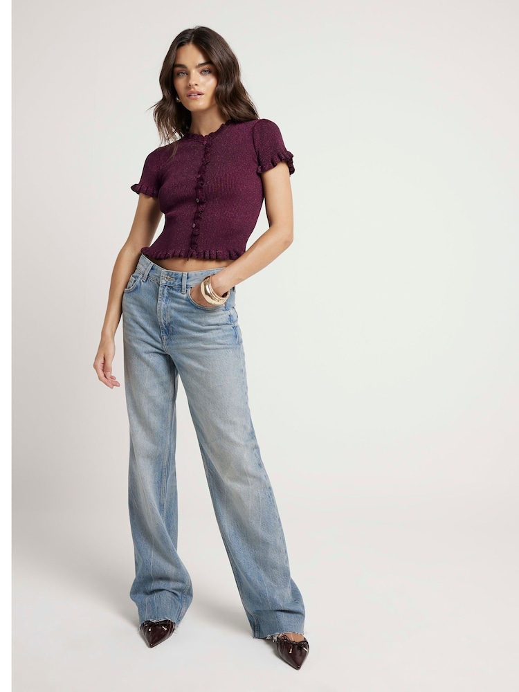 River Island Burgundy Red Burgundy Frill Knitted T-Shirt - Image 2 of 4 River Island Burgundy Red Burgundy Frill Knitted T-Shirt - Image 2 of 4