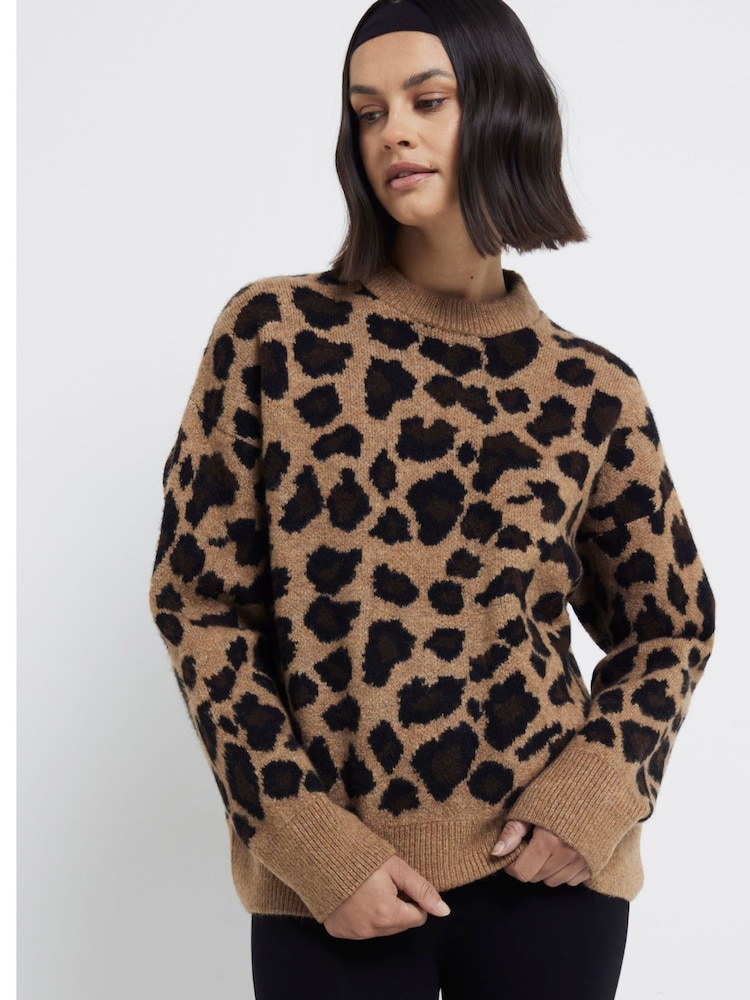 River Island Brown Leopard Crew Neck Oversized Jumper - Image 2 of 6