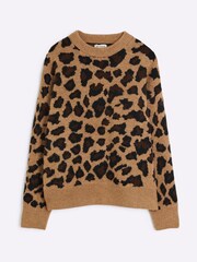 River Island Brown Leopard Crew Neck Oversized Jumper - Image 5 of 6