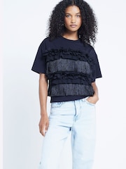 River Island Black Embellished 3D Floral T-Shirt - Image 1 of 4