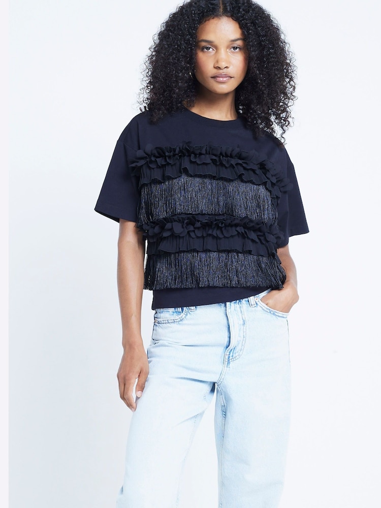 River Island Black Embellished 3D Floral T-Shirt - Image 1 of 4 River Island Black Embellished 3D Floral T-Shirt - Image 1 of 4