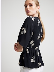 River Island Black Floral Print Shirred Peplum Top - Image 1 of 3