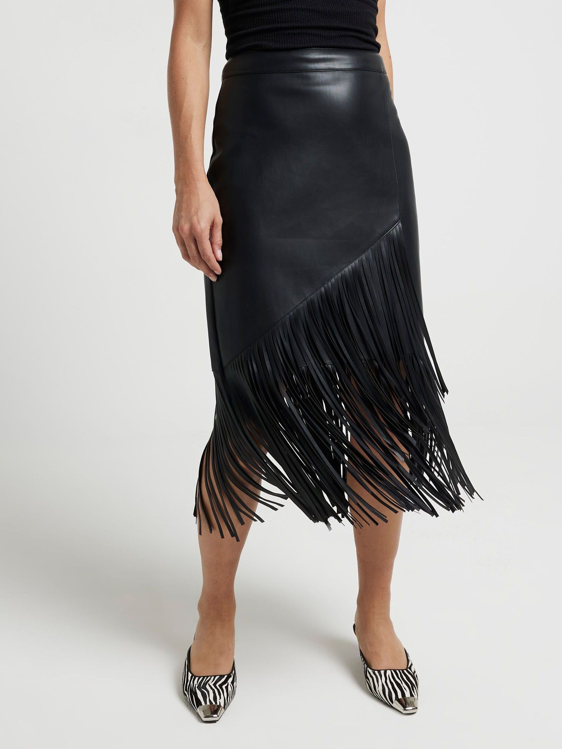 Buy River Island Black Assymentric Fringe Pencil Skirt from Next
