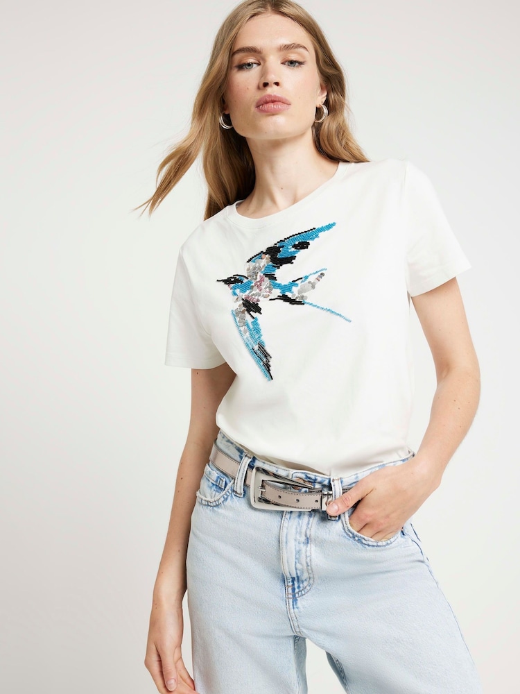 River Island White Embellished Bird Detail 100% Cotton T-Shirt - Image 1 of 4