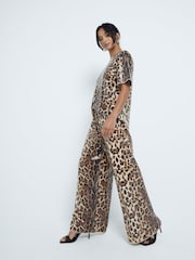River Island Brown Petite Leopard Print Sequin Trousers - Image 1 of 6