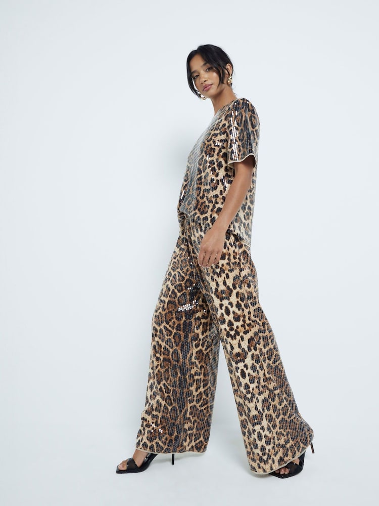 River Island Brown Petite Leopard Print Sequin Trousers - Image 1 of 6