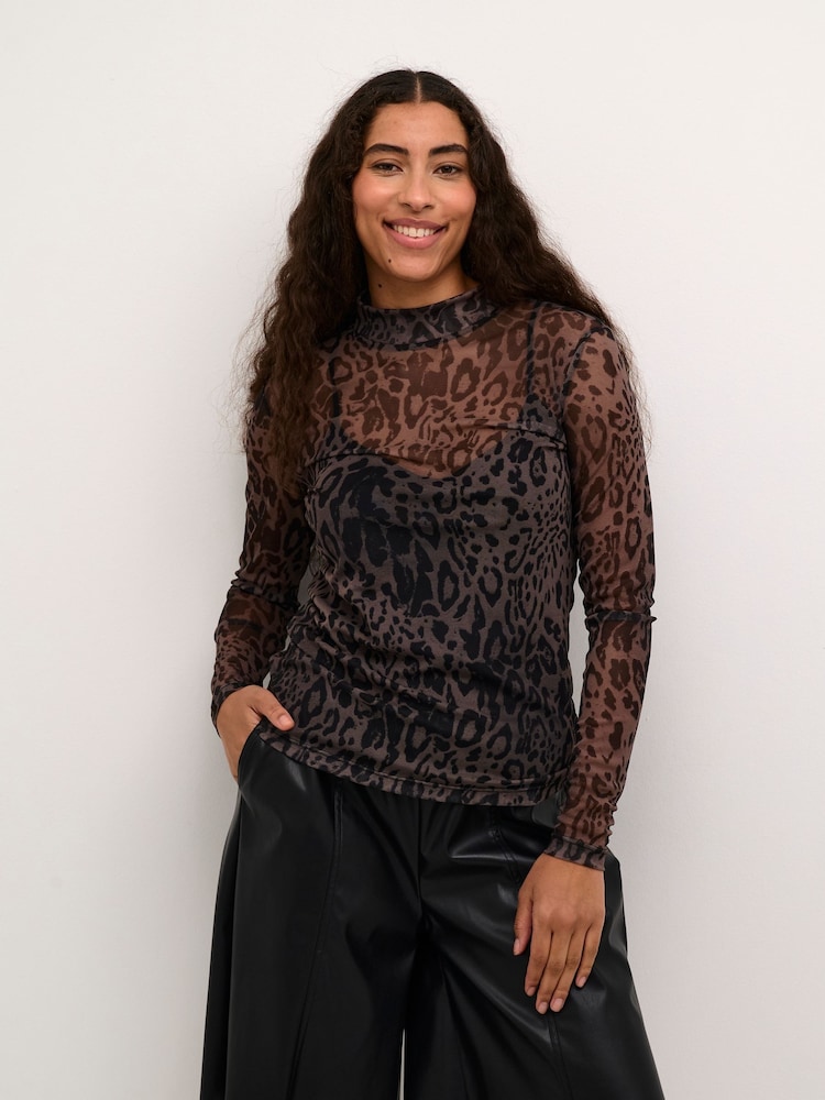 Kaffe KAjohanne Long Sleeve Mesh Brown T-Shirt - Image 1 of 6