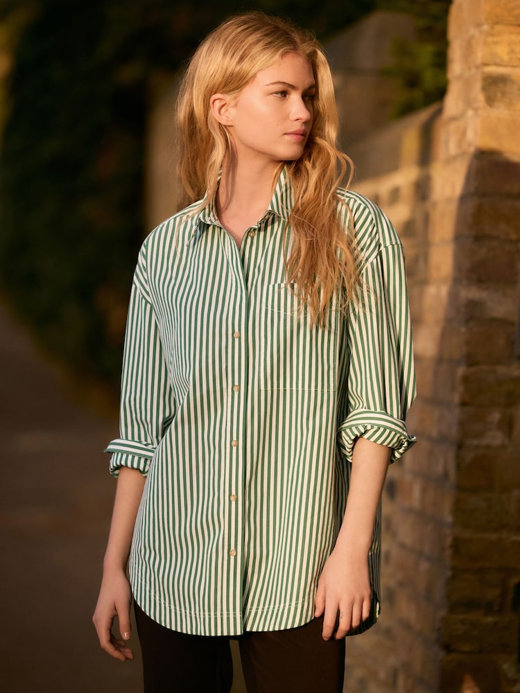 Rayas verdes - Camisa holgada estilo boyfriend con botones de algodón 100% - Imagen 1 de 7 Rayas verdes - Camisa holgada estilo boyfriend con botones de algodón 100% - Imagen 1 de 7