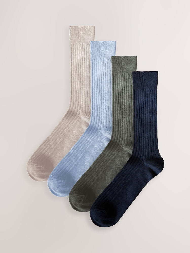 Blue/Green/Neutral Signature Mercerised Ribbed Socks 4 Pack - Image 1 of 3