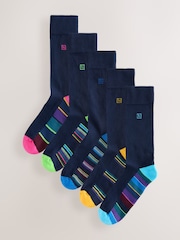 Navy Blue Stripe 5 Pack Cushioned Sole Comfort Socks - Image 1 of 9
