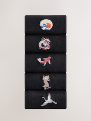 Black Japanese Fun Embroidered Socks 5 Pack - Image 1 of 9