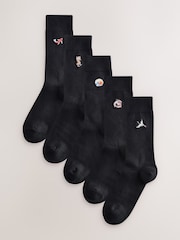 Black Japanese Fun Embroidered Socks 5 Pack - Image 2 of 9