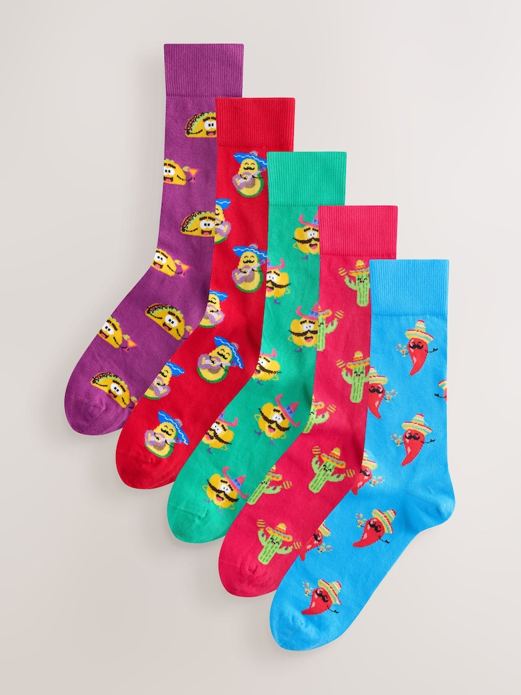 Bright Red/Blue/Green Fun Pattern Socks 5 Pack - Image 1 of 8