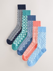 Blue/Orange/Green Tile Pattern Socks 5 Pack - Image 1 of 8
