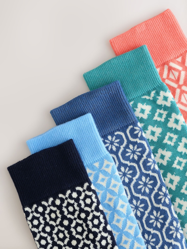Blue/Orange/Green Tile Pattern Socks 5 Pack - Image 7 of 8