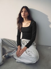 Noir - Scoop Ribbed Manches longues Top - Image 1 de 8