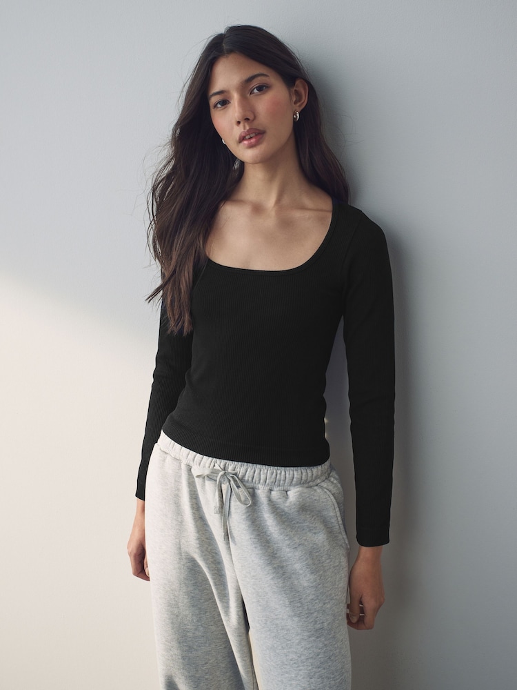 Noir - Scoop Ribbed Manches longues Top - Image 4 of 8