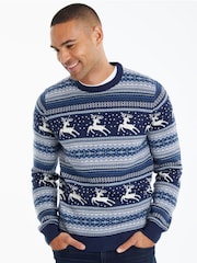 Threadbare Dark Blue Crew Neck Fairisle Pattern Christmas Jumper - Image 1 of 4