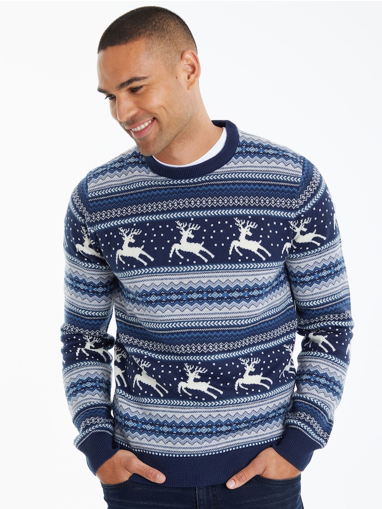 Threadbare Dark Blue Crew Neck Fairisle Pattern Christmas Jumper - Image 1 of 4