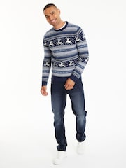 Threadbare Dark Blue Crew Neck Fairisle Pattern Christmas Jumper - Image 2 of 4