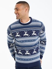 Threadbare Dark Blue Crew Neck Fairisle Pattern Christmas Jumper - Image 4 of 4